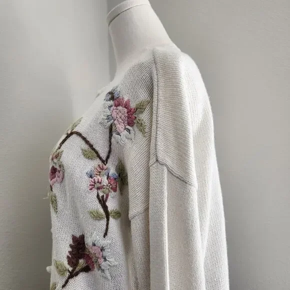 Vintage Bottega Verde Floral Embroidered Knit Cardigan Natural Fiber L - Picture 10 of 15